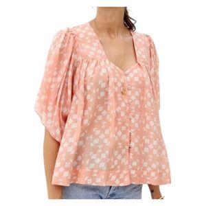 MIRTH Coba Blouse Top ORANGE/PEACH-WHITE GEO PRINT Cotton Breezy Boho Oversize M